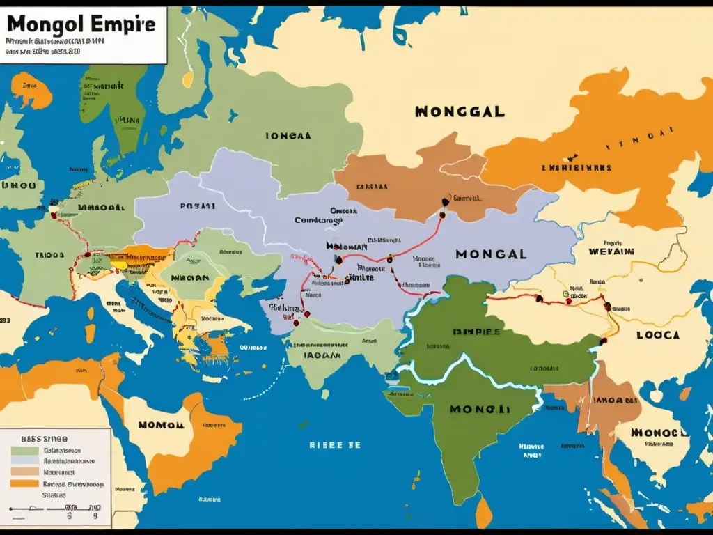 Mapa detallado de las consecuencias económicas de las conquistas mongolas, destacando rutas comerciales y centros económicos