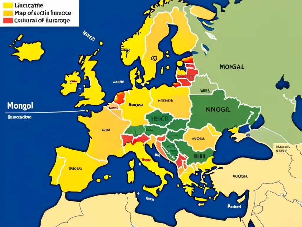 Mapa detallado de la difusión de la cultura del Imperio Mongol en Europa, mostrando influencias lingüísticas y culturales