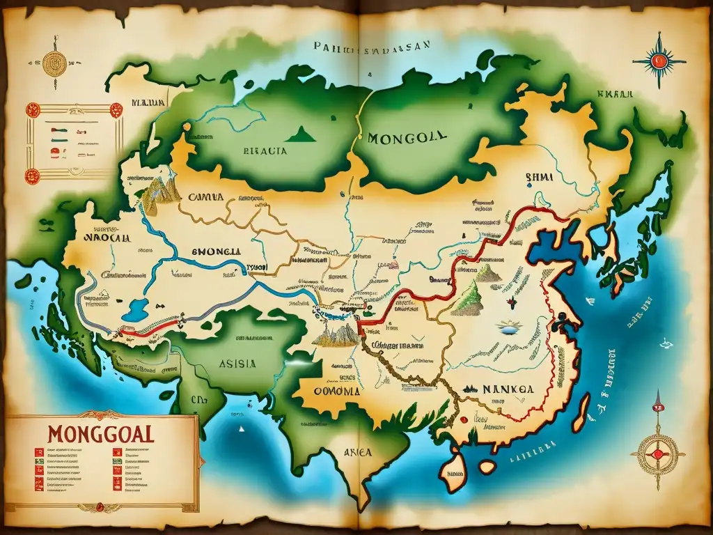 Mapa detallado de Mongolia: historia, cultura y legado asiático representado en un antiguo pergamino con intrincados detalles cartográficos