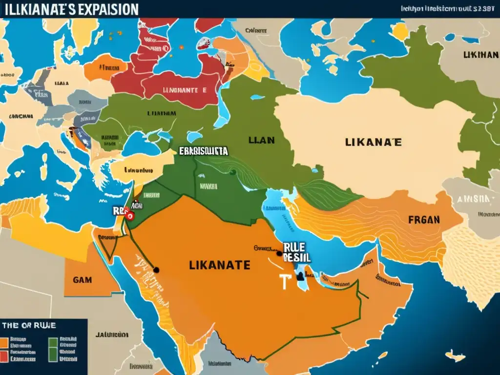 Mapa detallado del declive del Ilkanato en Medio Oriente, con marcadores históricos destacando eventos clave y cambios en el poder