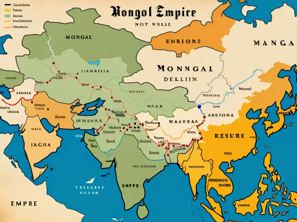 Mapa detallado del declive del Imperio Mongol, con influencias externas y desgaste visible