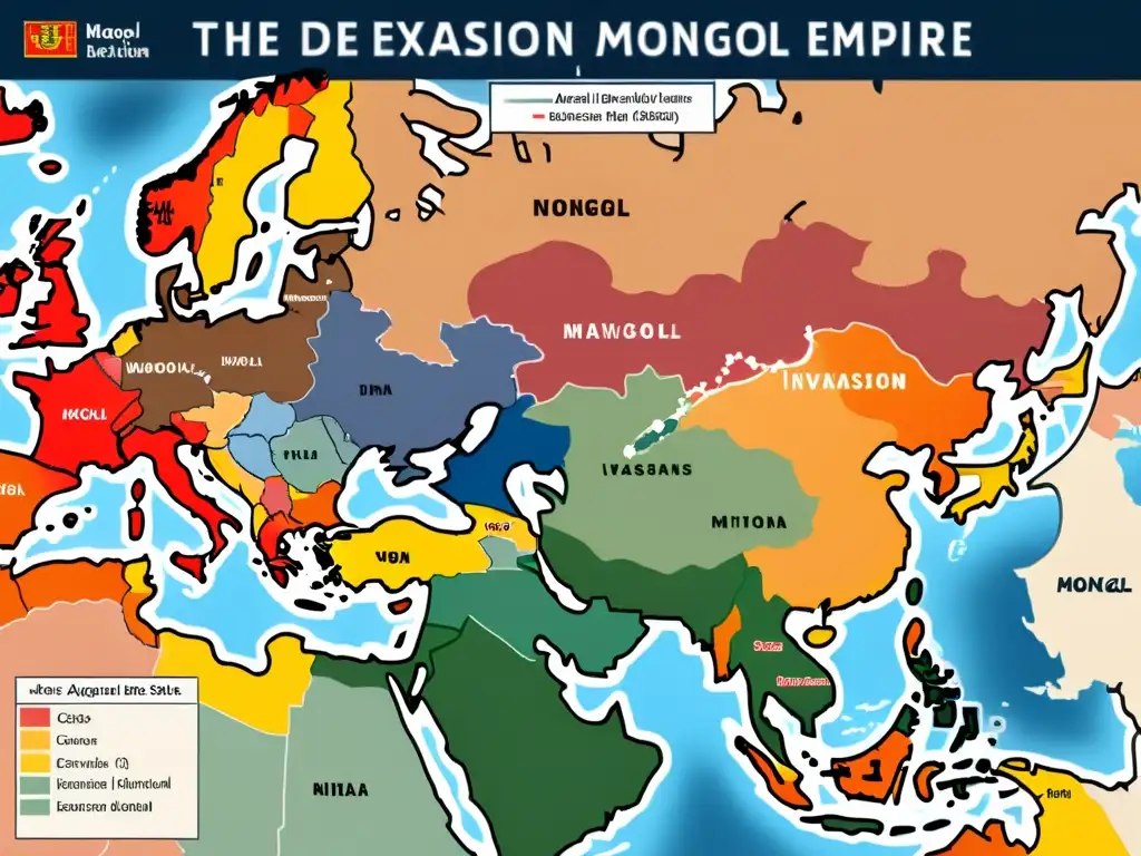 Mapa detallado del declive militar del Imperio Mongol, resaltando batallas, territorios perdidos y divisiones internas