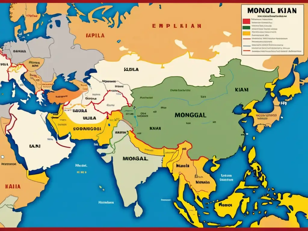 Mapa detallado en 8k de los desafiantes del Imperio Mongol, destacando el dominio de Kaidu Khan y otros rivales de Kublai Khan