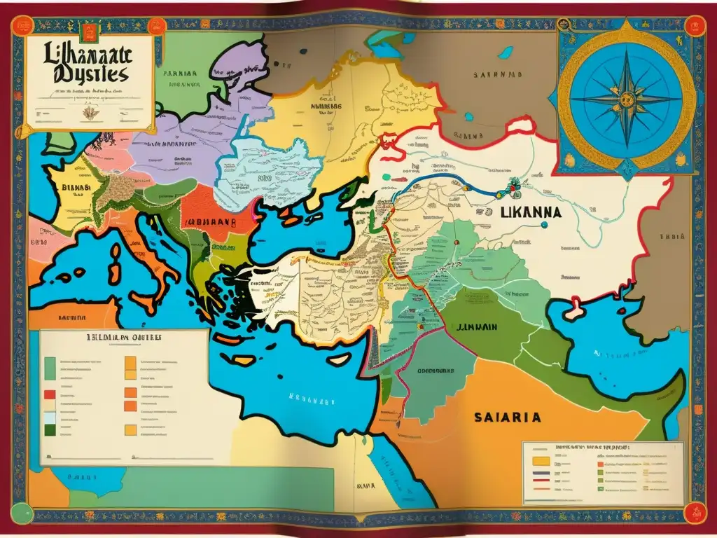 Mapa detallado de la expansión de las dinastías Ilkhanate y Safavid en Asia, resaltando territorios, rutas comerciales y ciudades