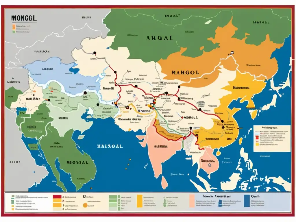 Mapa detallado de las divisiones territoriales y conflictos en el Imperio Mongol, destacando la influencia religiosa en su fragmentación