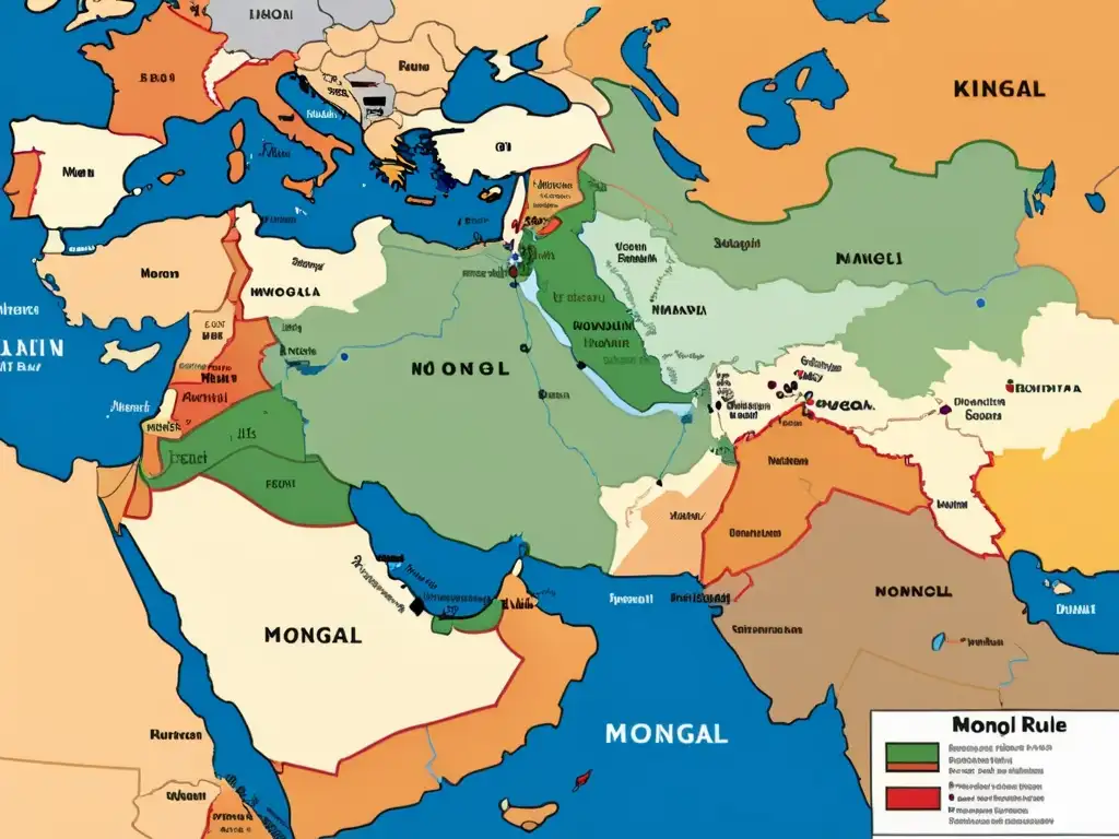 Mapa detallado del dominio mongol en el Medio Oriente y otras regiones bajo el Ilkanato, mostrando ciudades clave, rutas comerciales y centros culturales