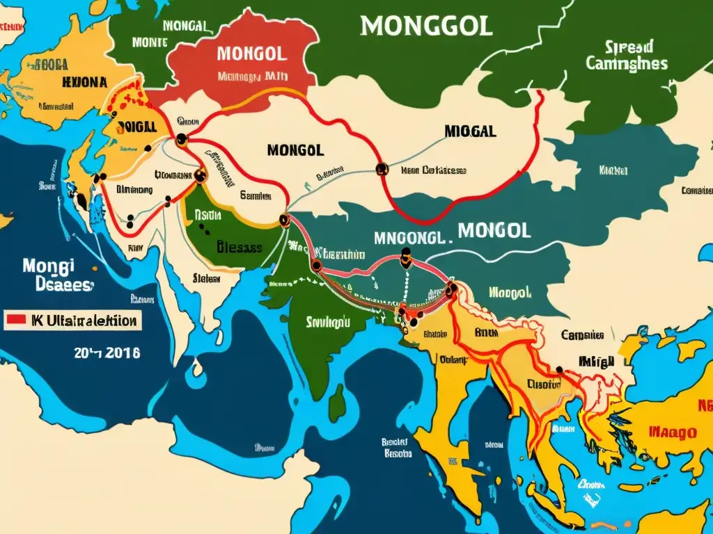 Mapa detallado en 8k que muestra la propagación de enfermedades en campañas militares mongolas, con énfasis en rutas, batallas y zonas de impacto