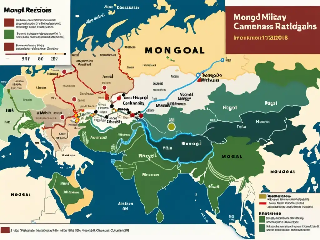 Mapa detallado de la propagación de enfermedades en campañas militares mongolas, con anotaciones históricas y paleta de colores evocadora