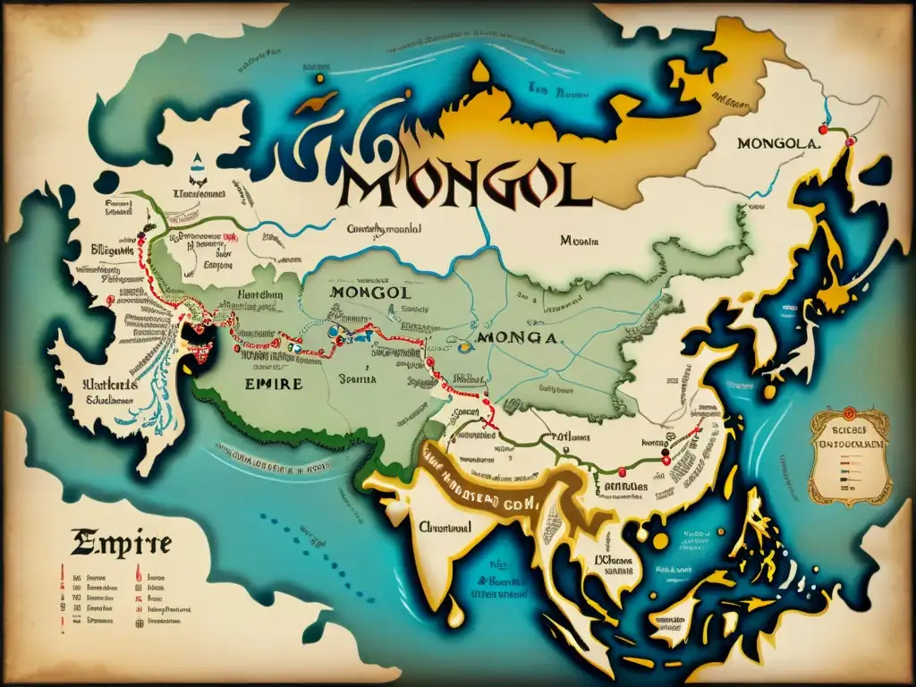 Mapa detallado y envejecido del Imperio Mongol, con ciudades, rutas comerciales y paisajes, evocando su importancia histórica