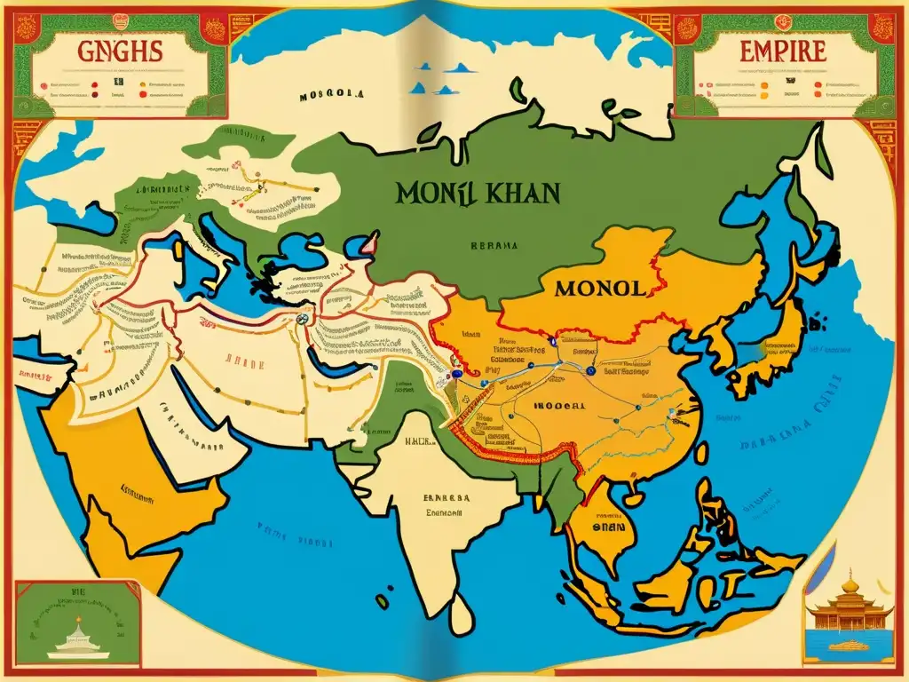 Mapa detallado de las estrategias políticas y alianzas de la diplomacia mongola