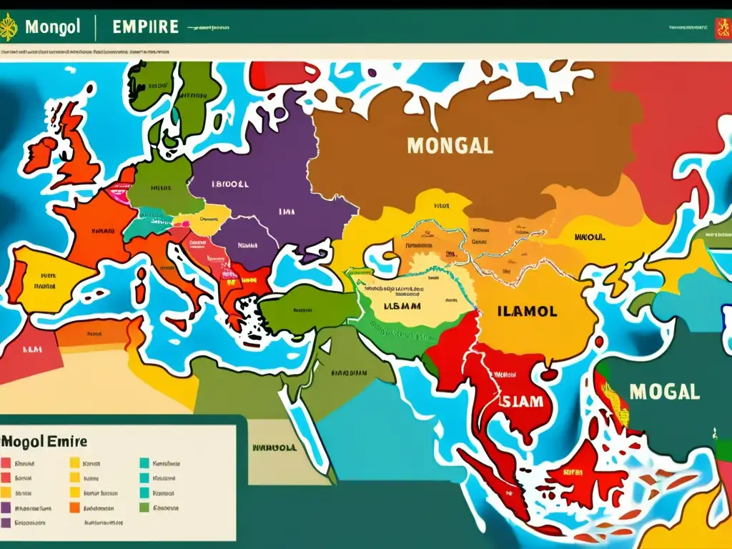 Mapa detallado en 8k mostrando la expansión del Islam y el Imperio Mongol, con ilustraciones de ciudades, rutas comerciales y fusiones culturales