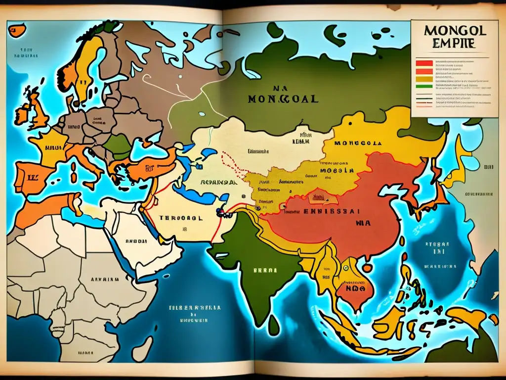 Mapa detallado en 8k del expansivo Imperio Mongol, evocando su reestructuración territorial y su impacto histórico global