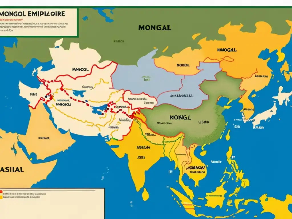 Mapa detallado mostrando la extensa influencia del Imperio Mongol en Asia y Europa, con ciudades, rutas comerciales y territorios conquistados