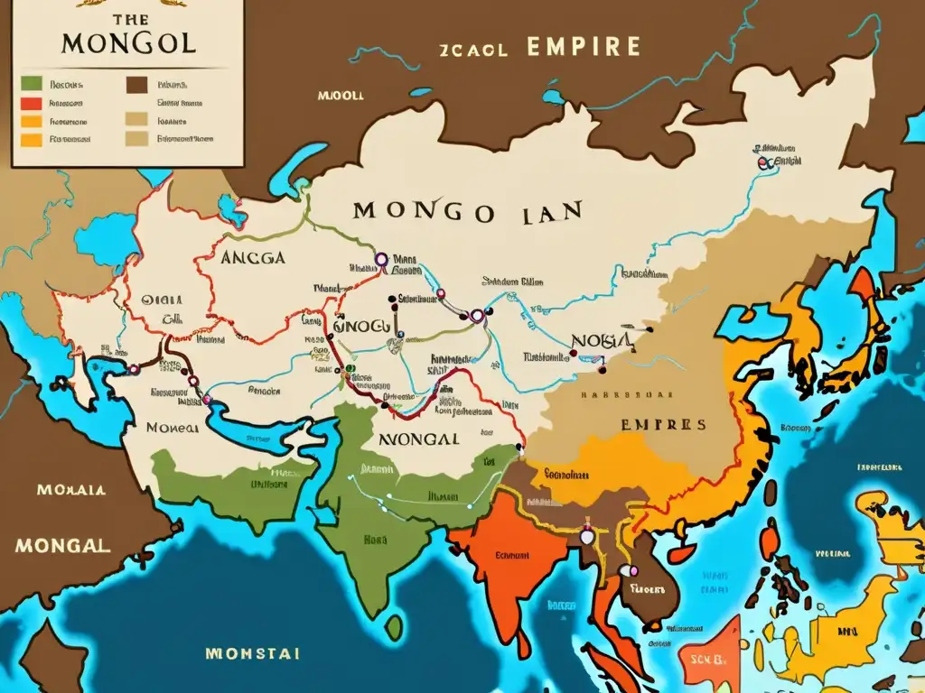 Mapa detallado del extenso Imperio Mongol en su apogeo, con ilustraciones de ciudades clave, rutas comerciales y características geográficas