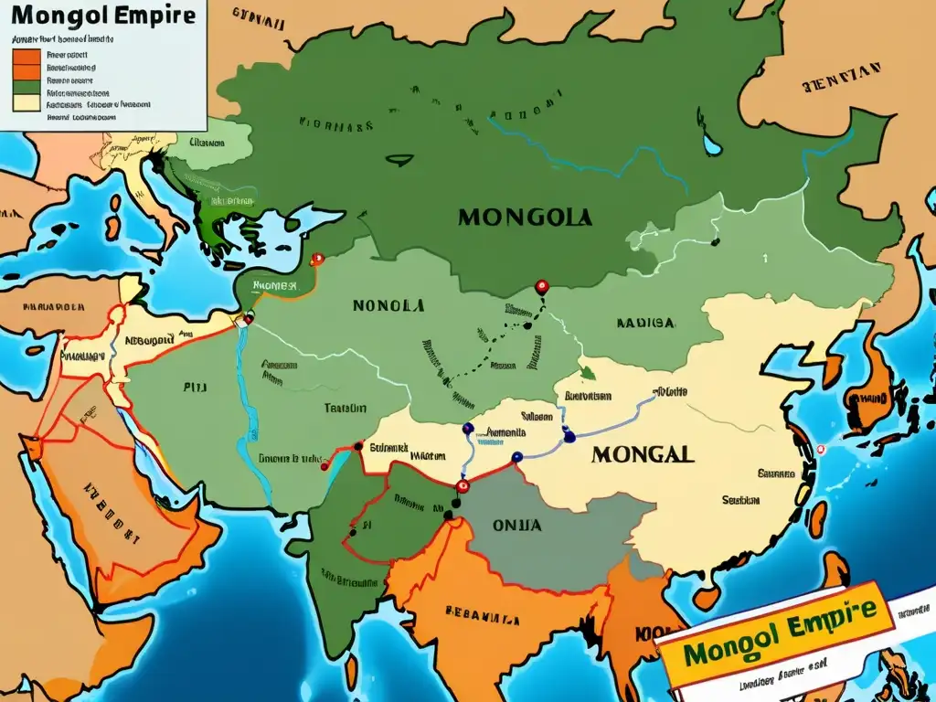 Mapa detallado del extenso Imperio Mongol en tonos terrosos, mostrando ciudades, batallas y rutas comerciales