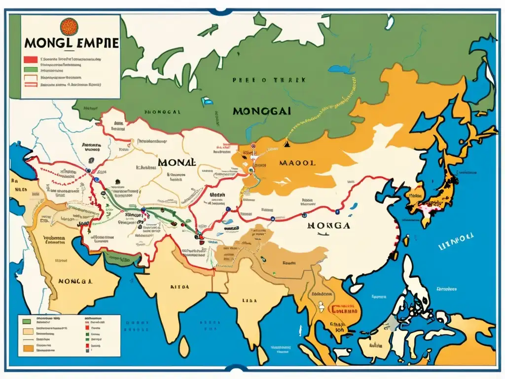 Mapa detallado del Imperio Mongol en su apogeo Mapa detallado del extenso Imperio Mongol en su apogeo, con rutas comerciales, territorios conquistados y centros administrativos