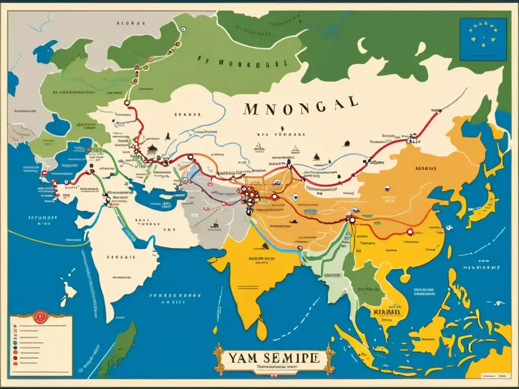 Mapa detallado del extenso Imperio Mongol, destacando el Sistema de yam y sus rutas comerciales