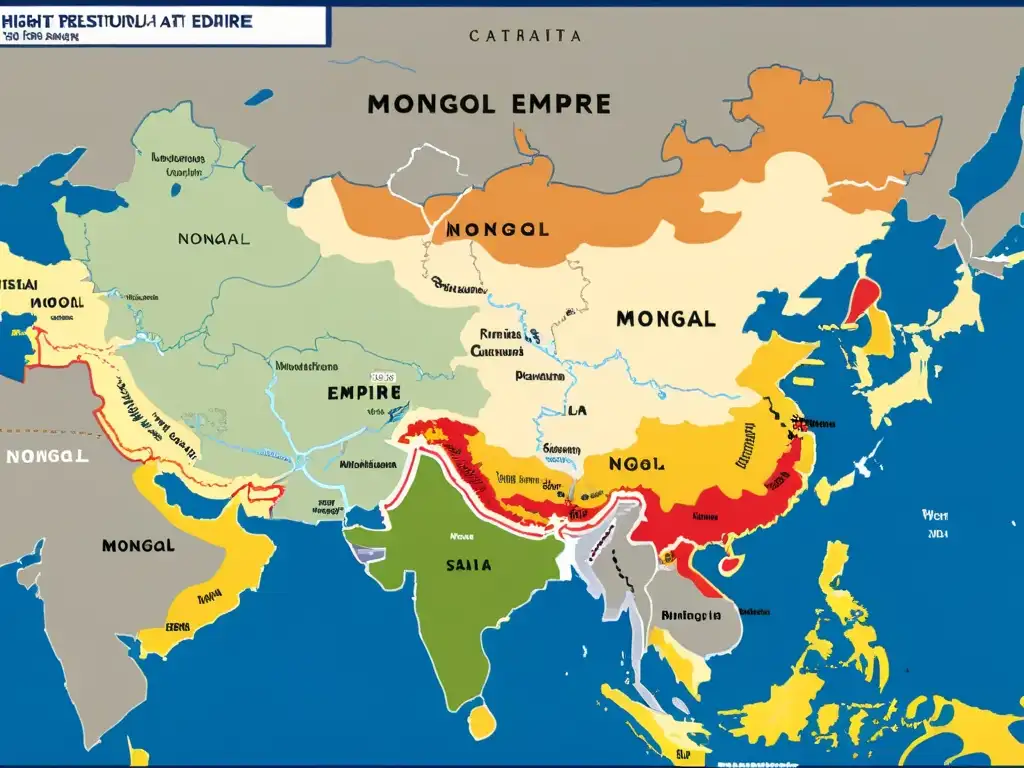 Mapa detallado del extenso Imperio Mongol en su máximo esplendor, con colores vibrantes y cambios territoriales