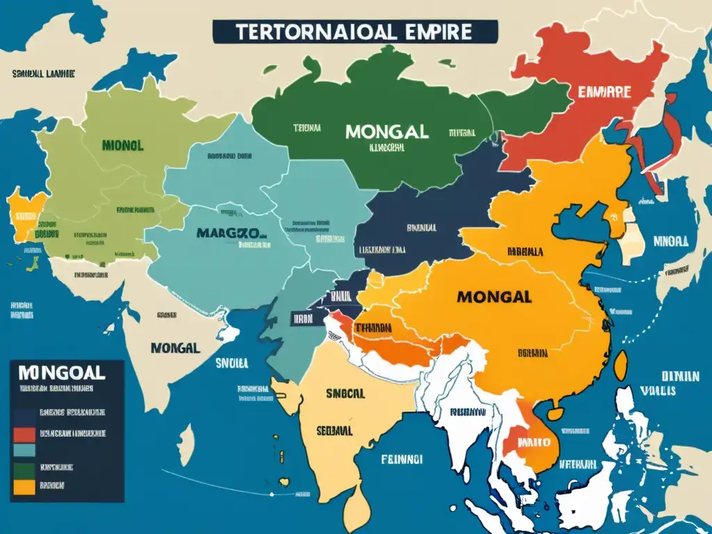 Mapa detallado de la fragmentación interna del Imperio Mongol, con divisiones territoriales y eventos clave destacados