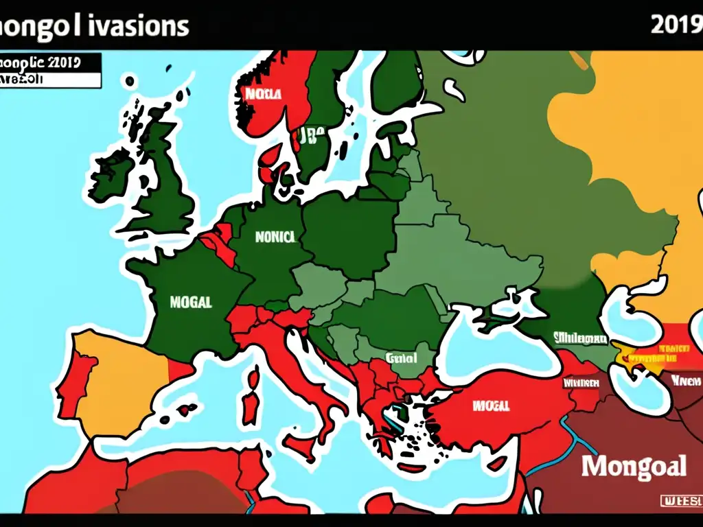 Mapa detallado de Europa con gráficos animados mostrando el impacto de las invasiones mongolas en la economía y la cultura europea