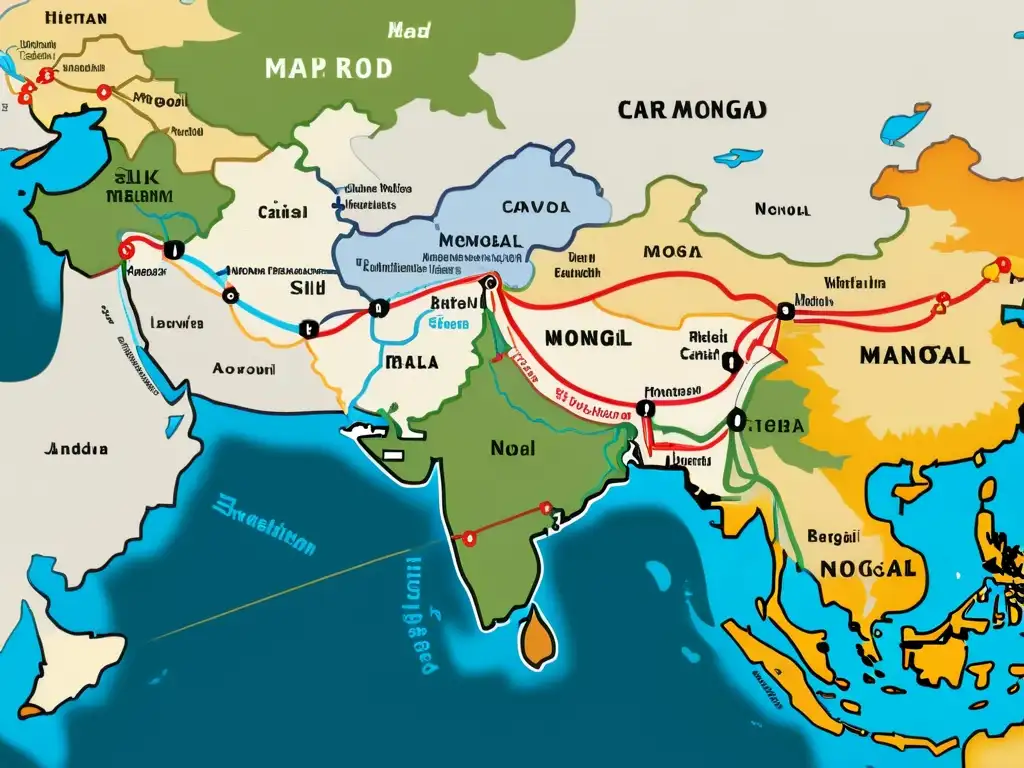 Mapa detallado de la histórica Ruta de la Seda antes de la Fragmentación del Imperio Mongol, con rutas comerciales, ciudades y caravanas ilustradas