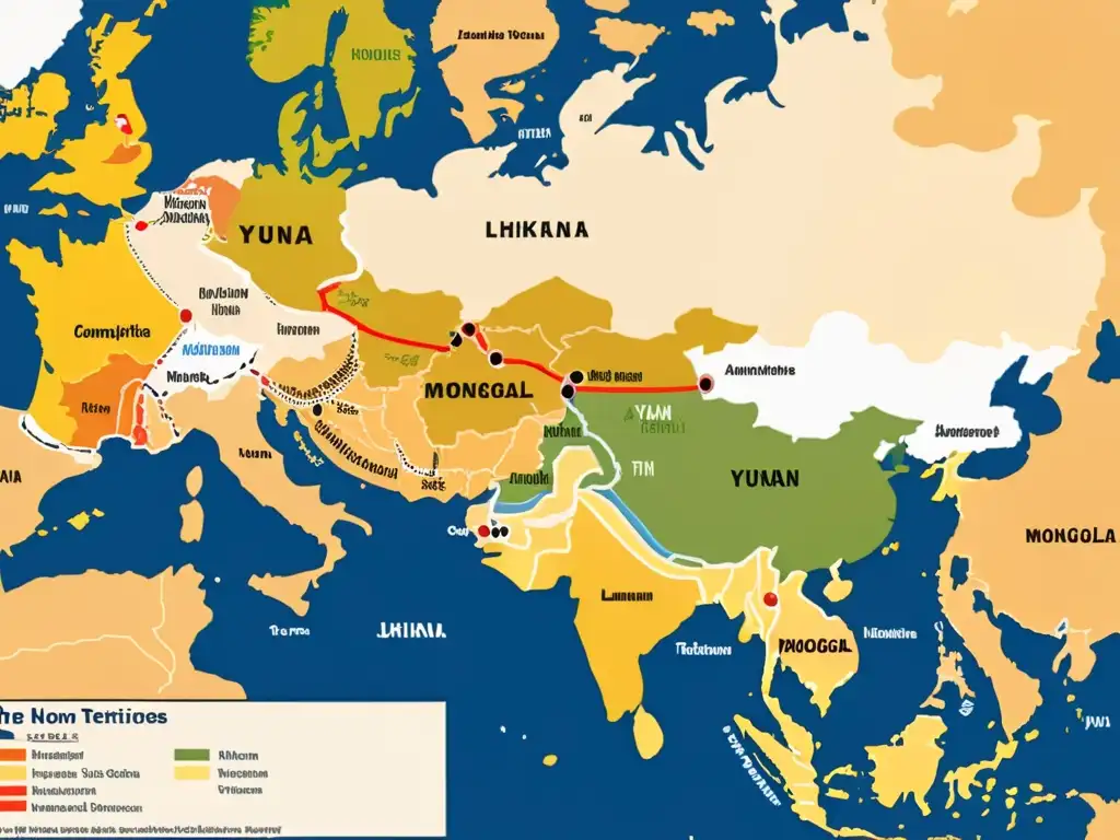 Mapa detallado: Ilkhanate, Yuan y la Horda de Oro Mapa detallado del Ilkanato, Yuan y la Horda de Oro, destacando su expansión y legado de Hulagu Khan en el Medio Oriente
