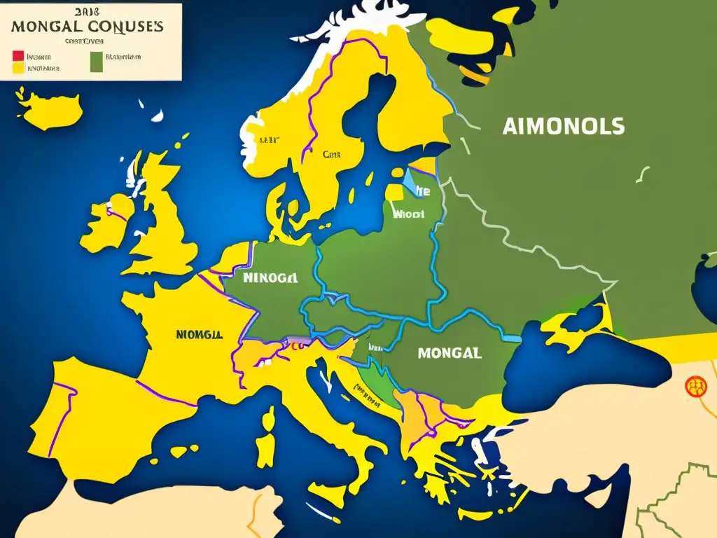 Mapa detallado de Europa con ilustraciones históricas de las conquistas mongolas y su impacto en el mapa europeo