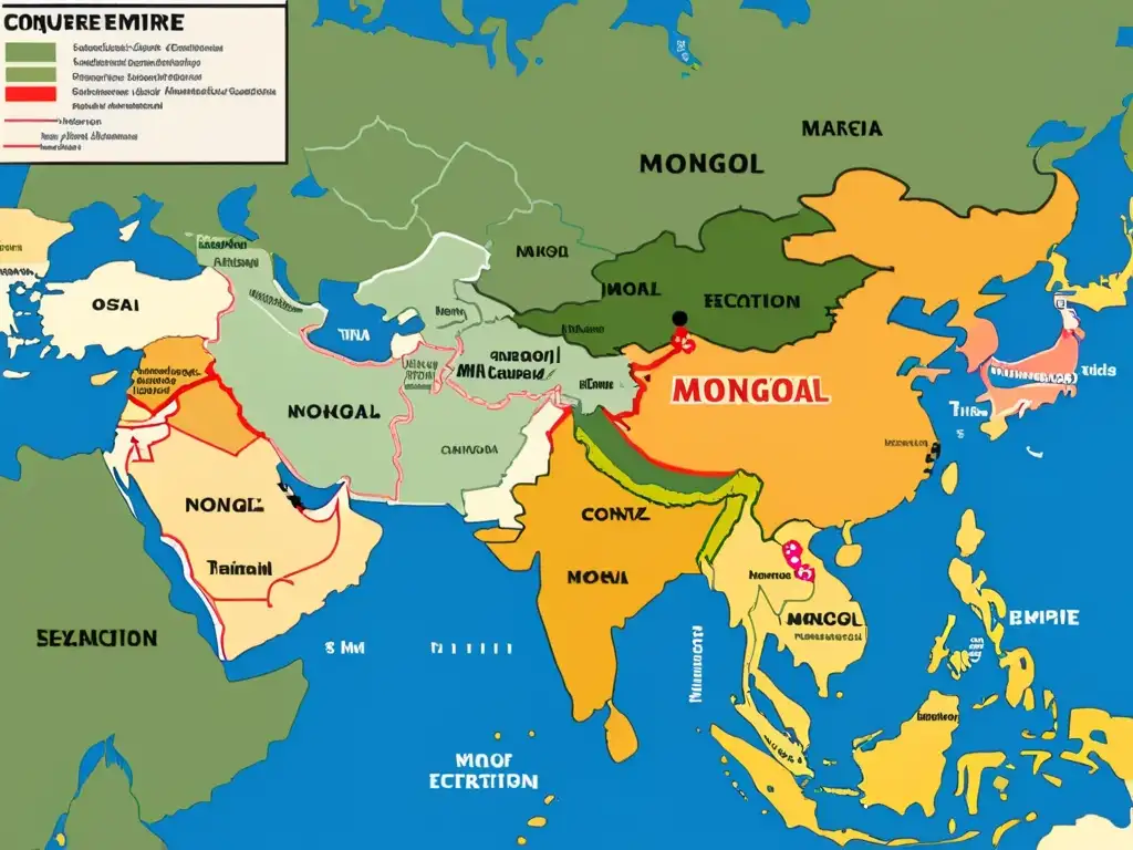 Mapa detallado de Asia resaltando el impacto económico de las conquistas mongolas, mostrando territorios, rutas comerciales y diversidad de paisajes