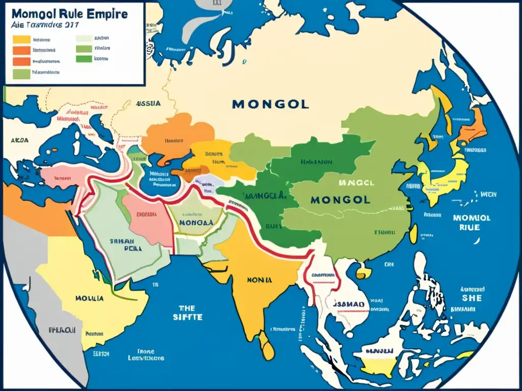 Mapa detallado del impacto lingüístico del Imperio Mongol en Asia, mostrando influencia en idiomas modernos