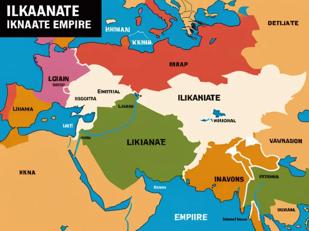 Mapa detallado del Imperio Ilkhanate en su apogeo, con marcadores históricos que señalan la caída del Ilkanato en Medio Oriente