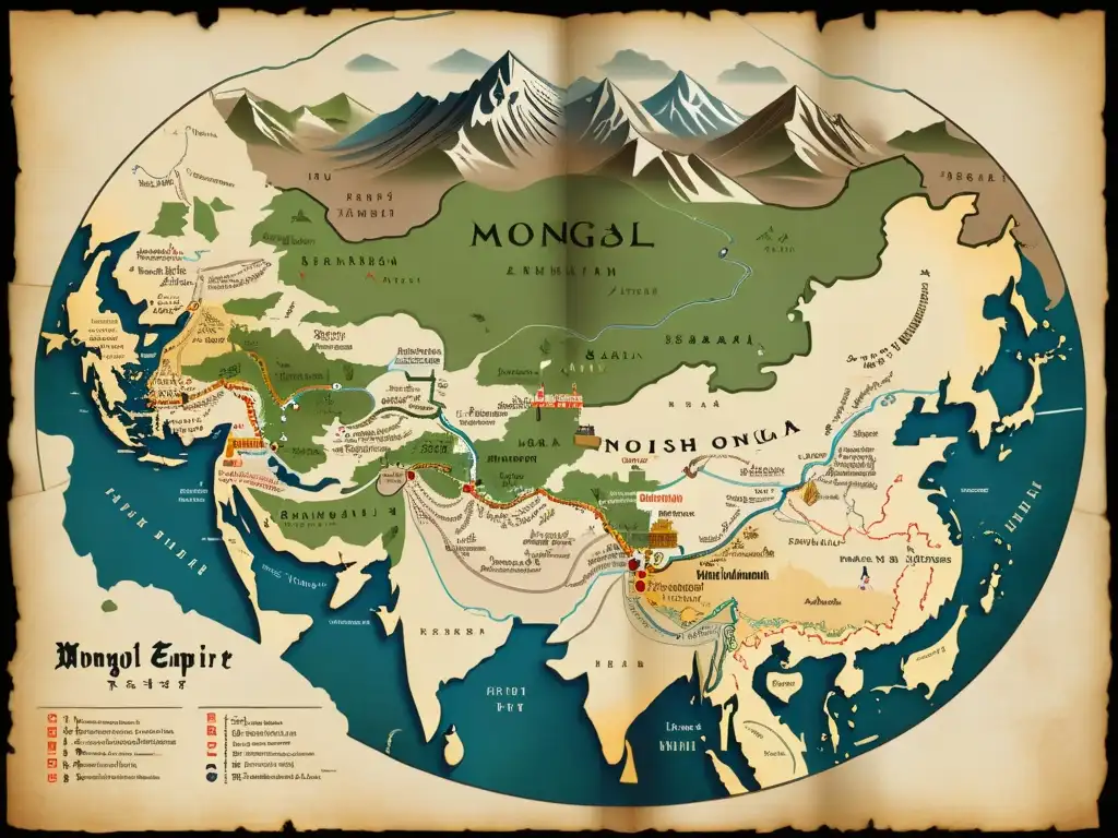 Mapa detallado del Imperio Mongol con intrincada cartografía, paisajes detallados y anotaciones en antiguo script