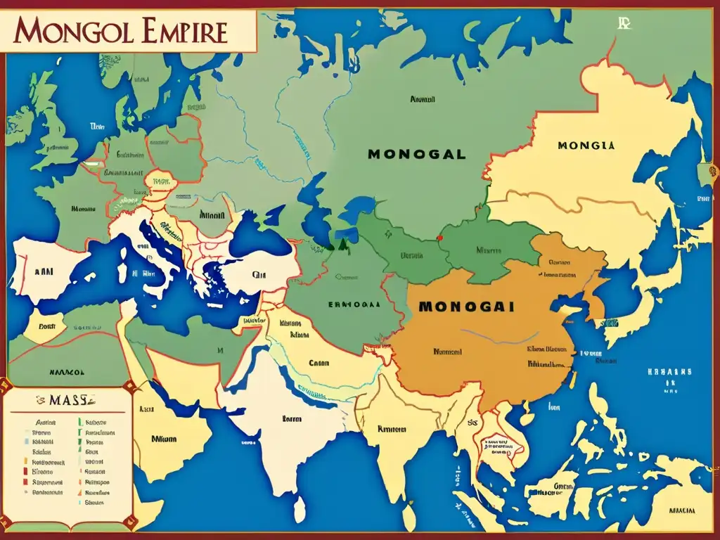 Un mapa detallado del Imperio Mongol en su apogeo, mostrando sus vastos territorios en Asia y Europa, con fronteras, tribus y guerreros