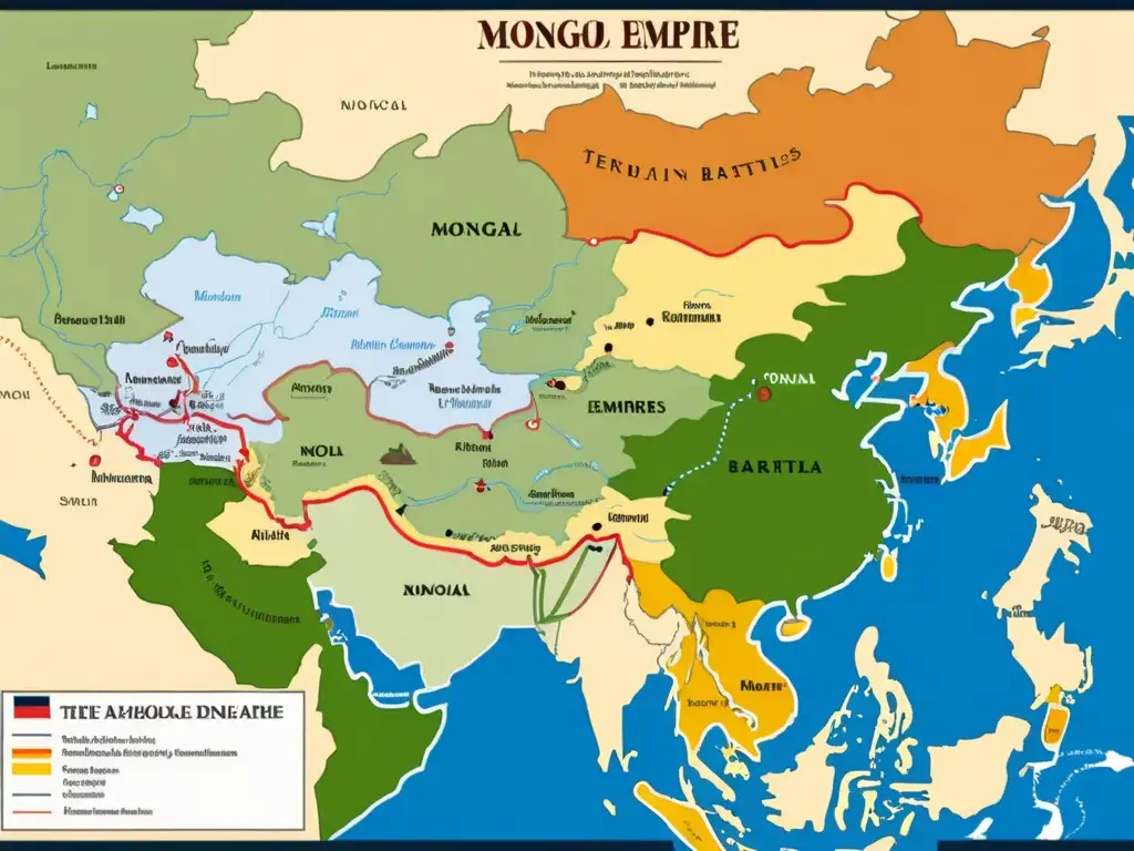 Mapa detallado del Imperio Mongol, resalta estrategias geográficas con colores terrosos y detalles históricos