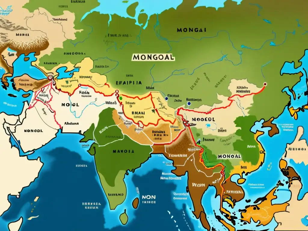 Mapa detallado del Imperio Mongol con estrategias geográficas y territorios señalados en tonos terrosos