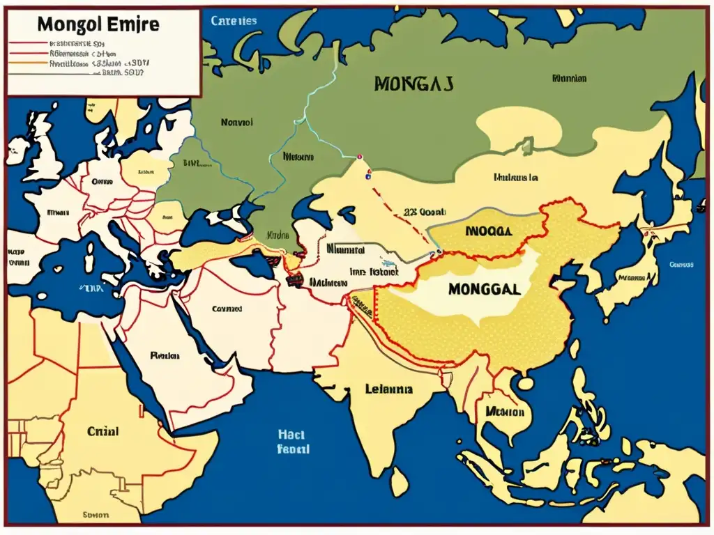 Mapa detallado del Imperio Mongol en su apogeo, mostrando sus conquistas y diplomacia estratégica