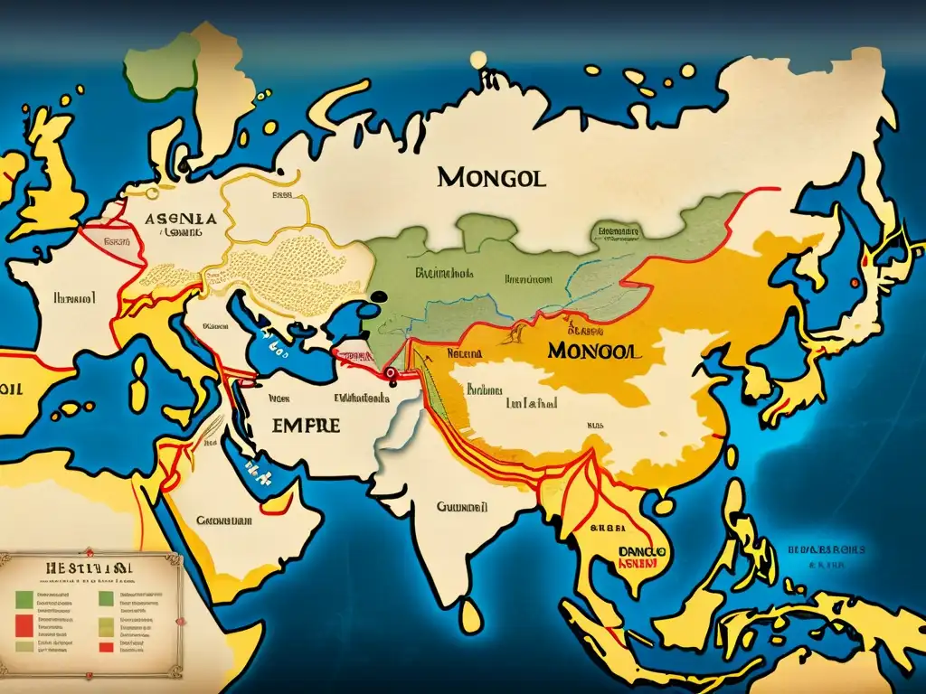 Mapa detallado del Imperio Mongol en Asia, con antiguas rutas de batalla y ciudades, evocando la grandeza de sus conquistas asiáticas