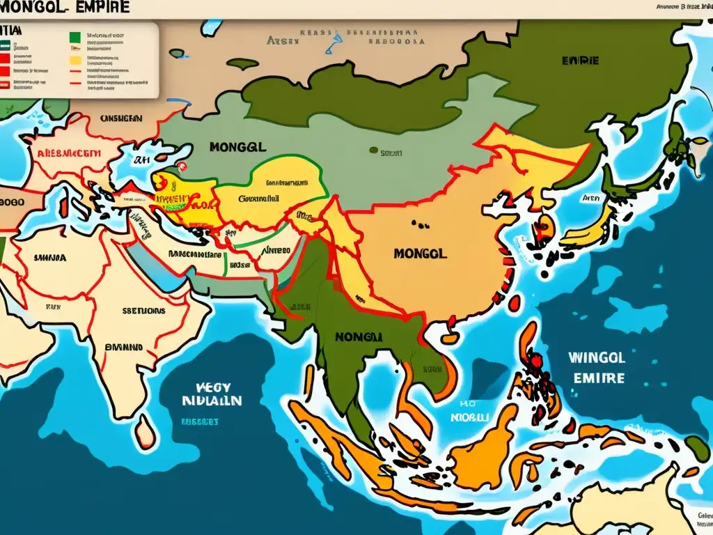 Mapa detallado de Asia resaltando la expansión del Imperio Mongol con rutas de conquista y batallas clave