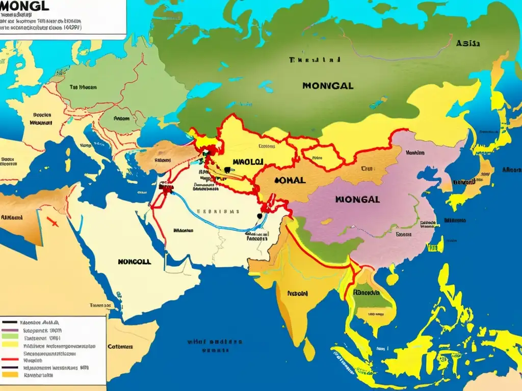 Mapa detallado de Asia destacando la expansión del Imperio Mongol, mostrando territorios clave, rutas y ciudades importantes