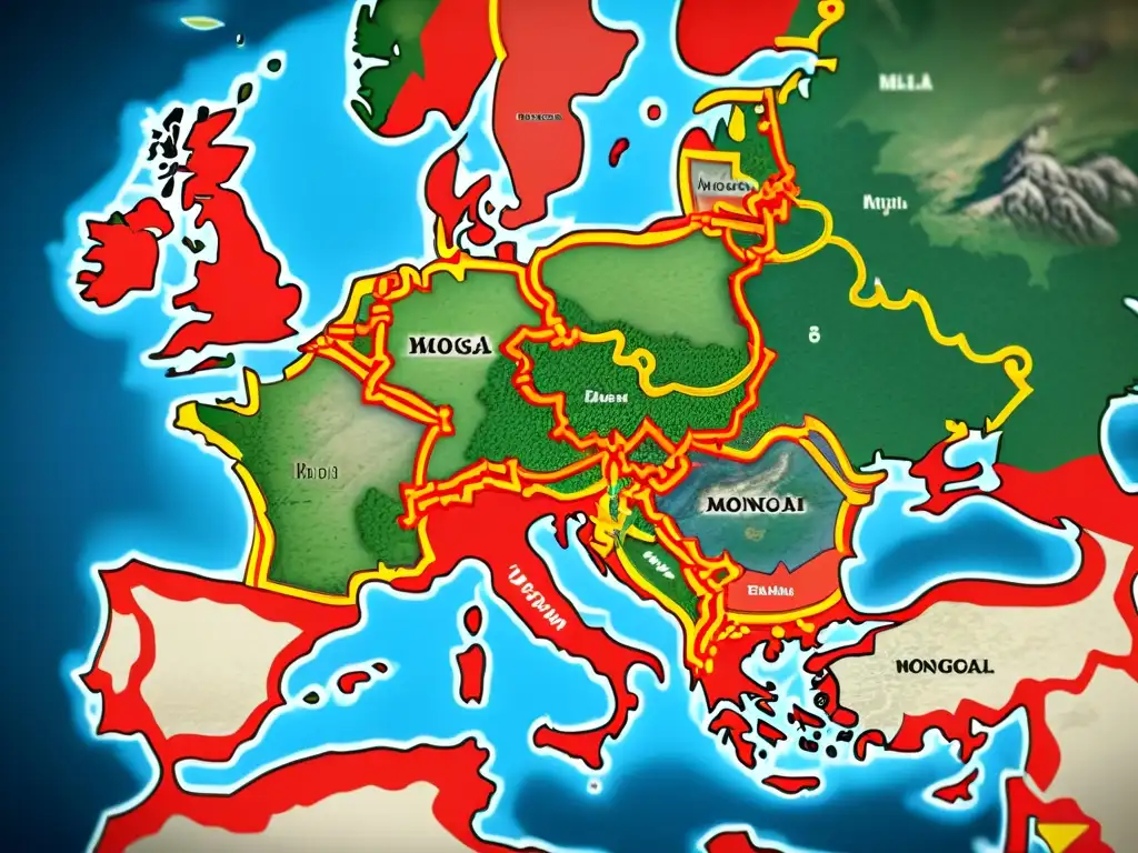 Mapa detallado en 8k del Imperio Mongol, mostrando su expansión en Europa y su influencia cultural y política en ciudades y rutas comerciales