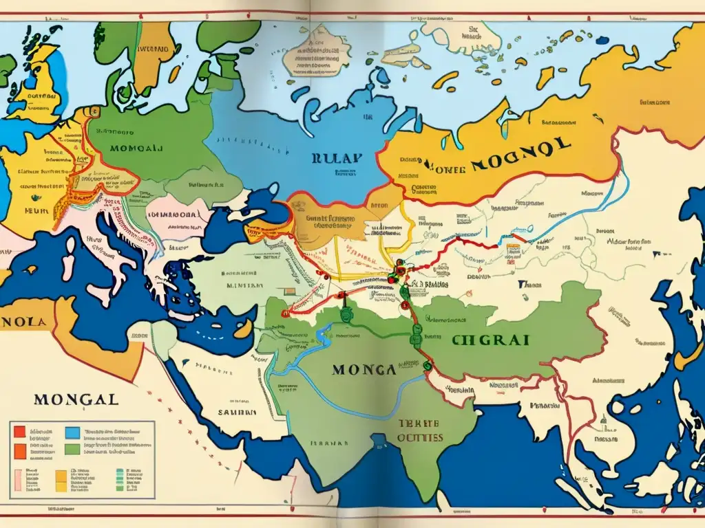 Mapa detallado del Imperio Mongol con rutas comerciales y descubrimientos, destacando colores vibrantes y detalles cartográficos