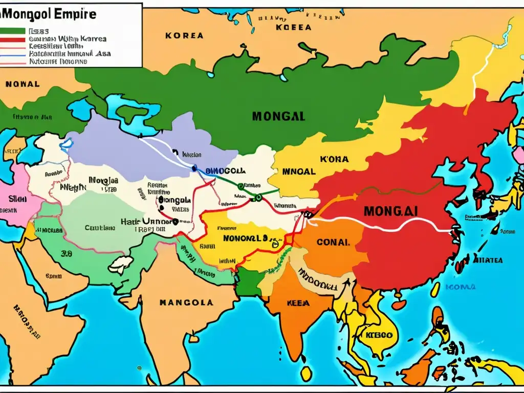 Mapa detallado del Imperio Mongol en Asia Oriental, mostrando territorios, ciudades clave y rutas comerciales