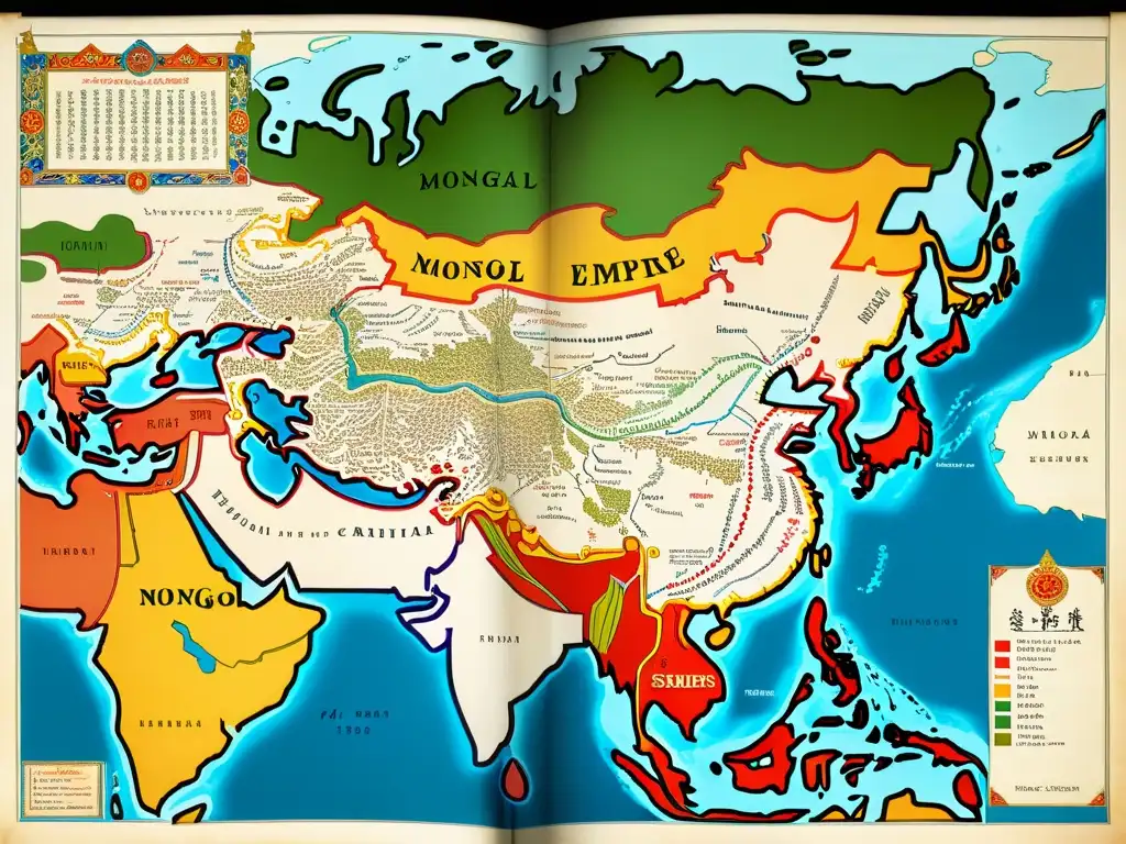 Mapa detallado del Imperio Mongol en el siglo XIII, con rutas comerciales, territorios conquistados e influencias culturales