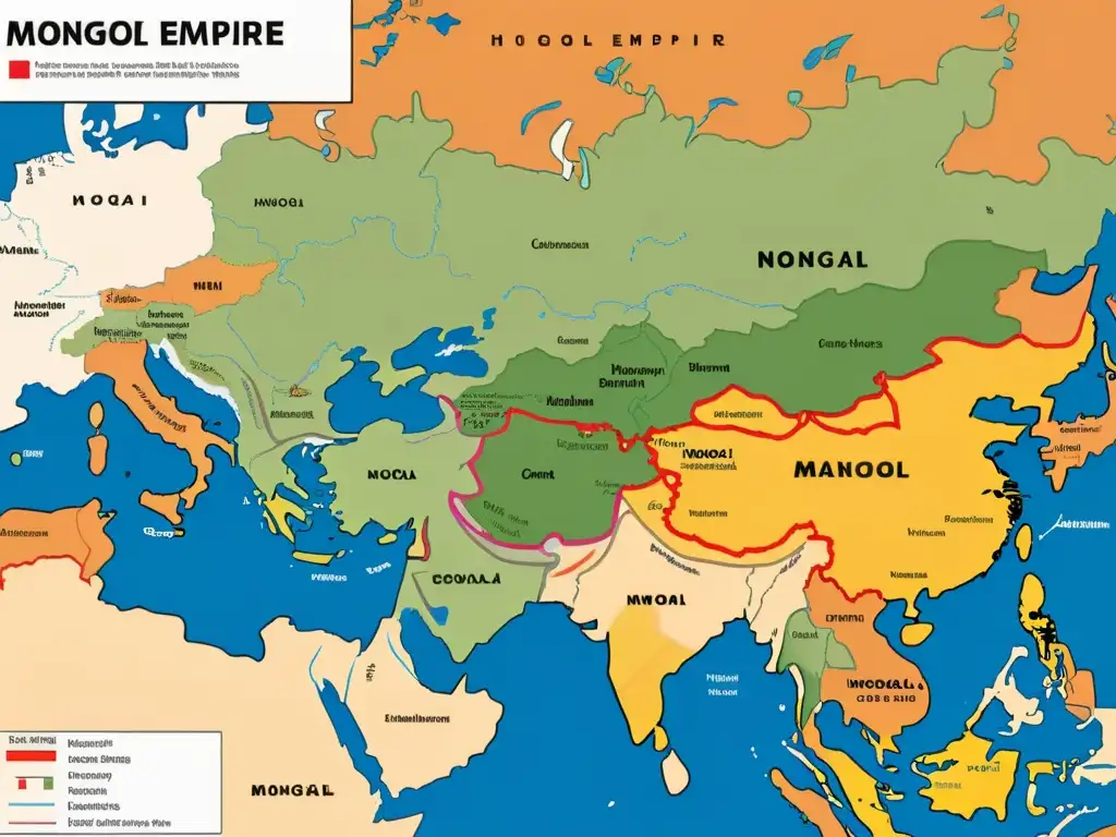 Mapa detallado del Imperio Mongol en su apogeo, mostrando territorios, rutas comerciales y puntos de intercambio cultural