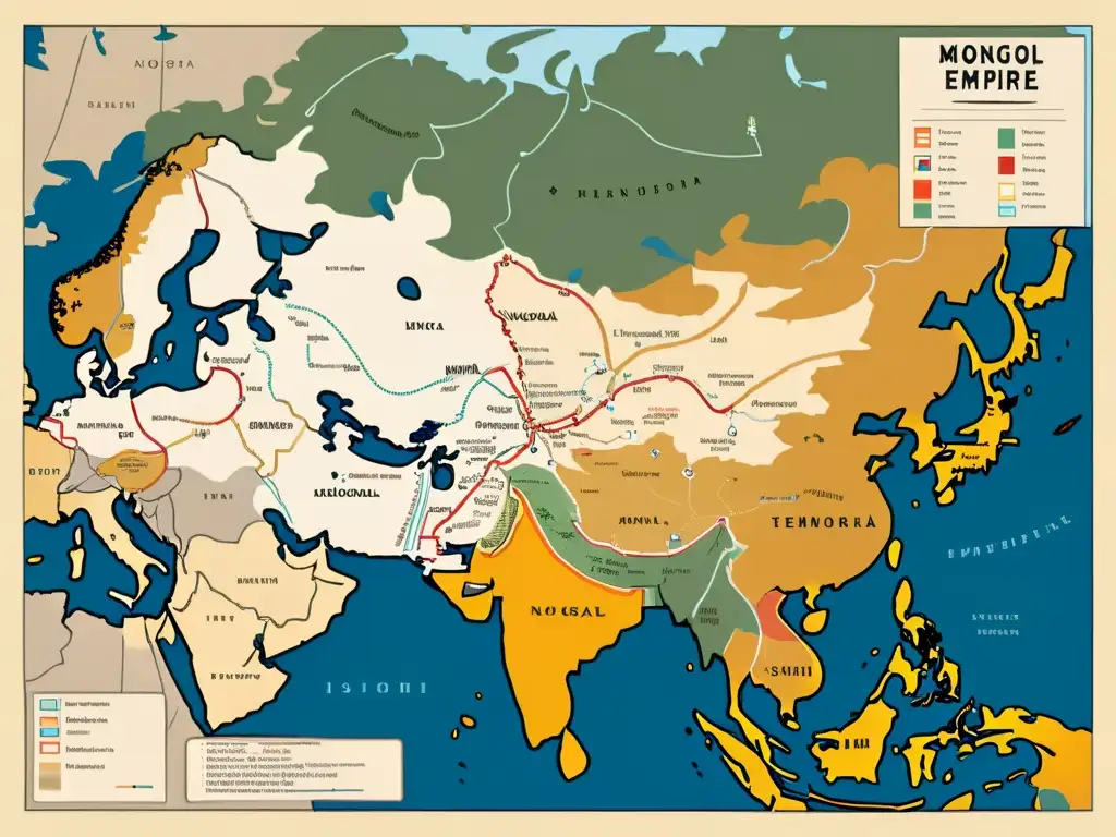 Mapa detallado del Imperio Mongol en su apogeo, con ciudades, rutas comerciales y territorios conquistados