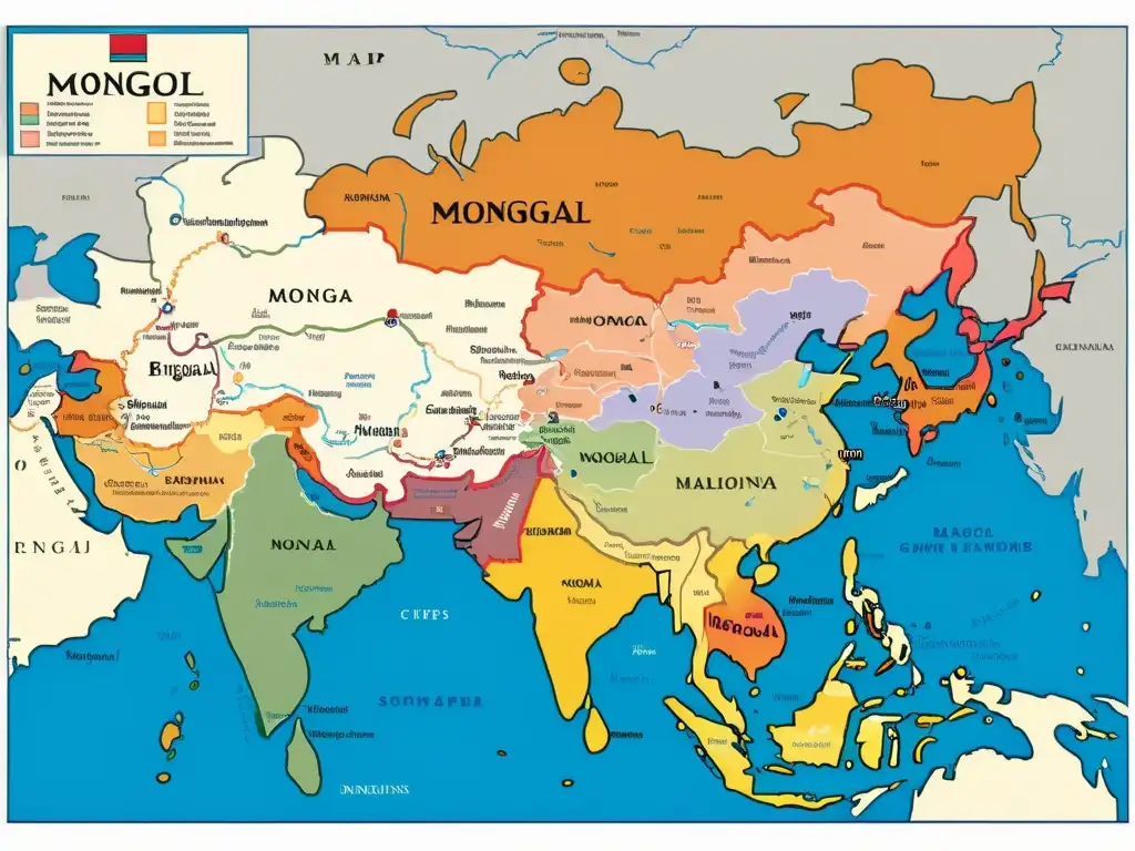 Mapa detallado del Imperio Mongol con divisiones administrativas, ciudades, rutas comerciales y estructura gubernamental en escritura mongola