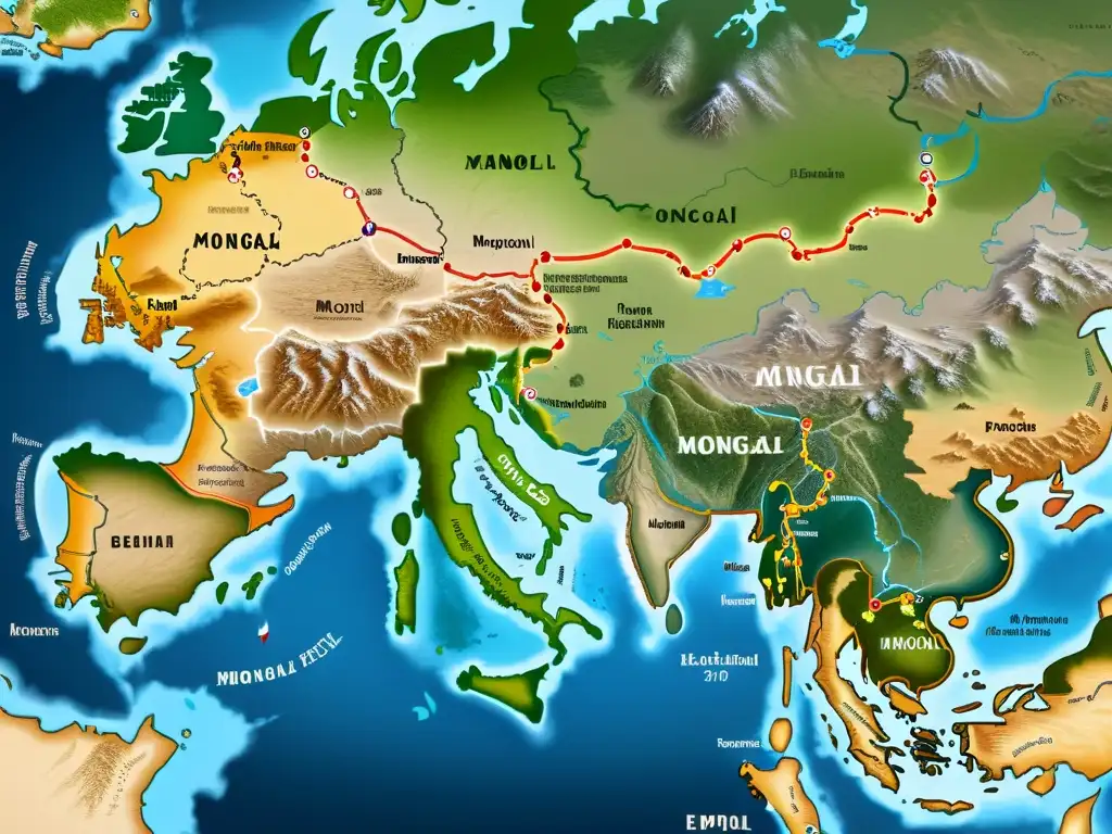 Mapa detallado del Imperio Mongol en su apogeo, mostrando sus vastos territorios, ciudades, rutas comerciales y características geográficas