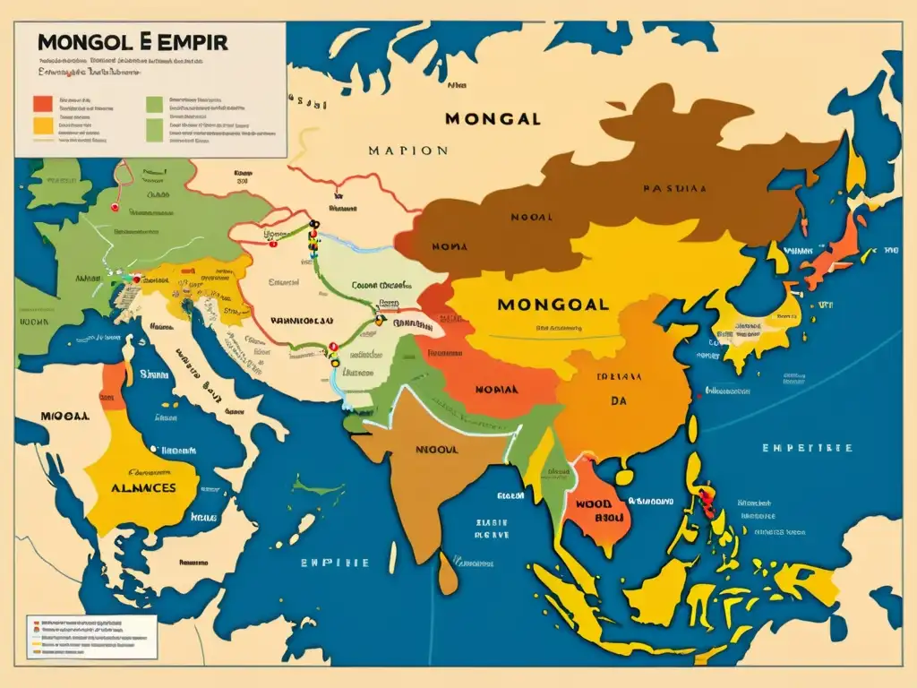 El mapa detallado del Imperio Mongol muestra alianzas y conflictos, destacando rutas comerciales y enclaves militares