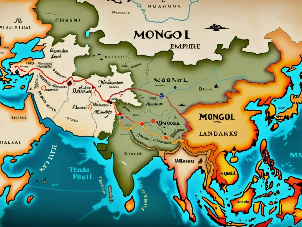 Mapa detallado del Imperio Mongol, mostrando su expansión territorial con rutas comerciales y detalles de regiones conquistadas