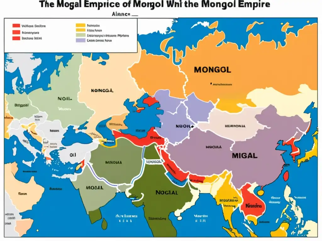 Mapa detallado del Imperio Mongol, mostrando alianzas y conflictos en colores