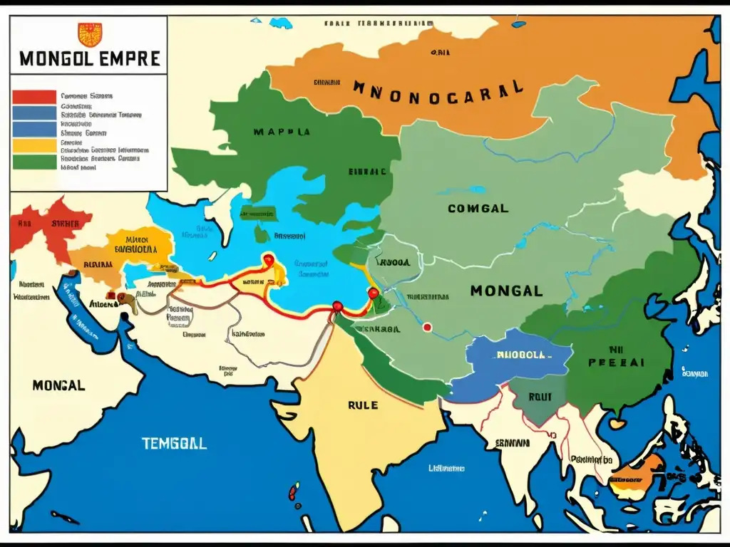 Mapa detallado del Imperio Mongol en su apogeo, mostrando las vastas tierras conquistadas y las divisiones administrativas dentro del imperio